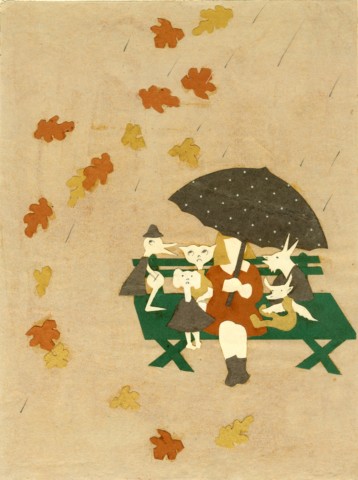 Figure 12 c. 1938: Illustration- Mary sitting with the poodies on a rainy fall day.