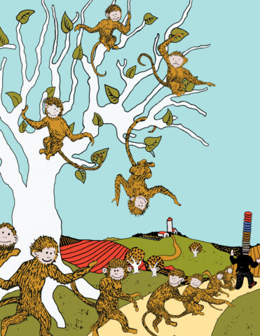 The monkeys follow the Peddler home